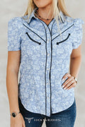 Blue Western Printed Puff Sleeve Pearl Snap Button Down Shirt