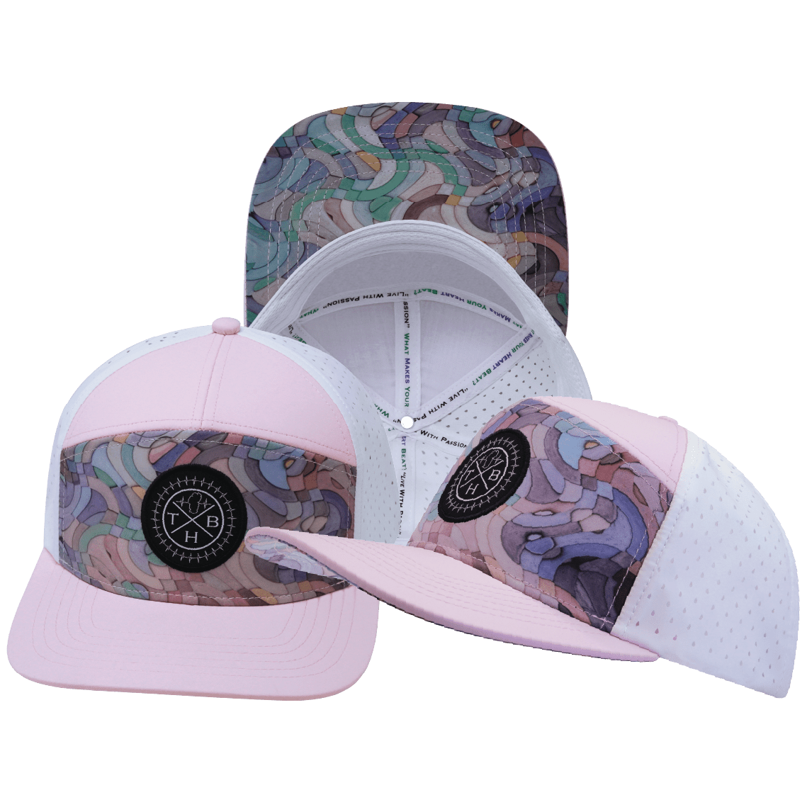 **ADULT** Color Vibes Hat - Flat Bill - Mosaic Curves - Light Pink / White - Laser Mesh