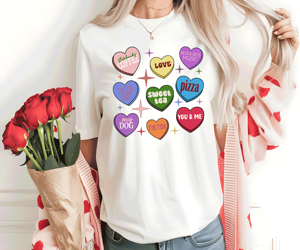 Custom Conversation Heart Valentines, Personalized Gifts, Love notes shirts, Multi colored conversation hearts, funny quotes Valentine Hearts