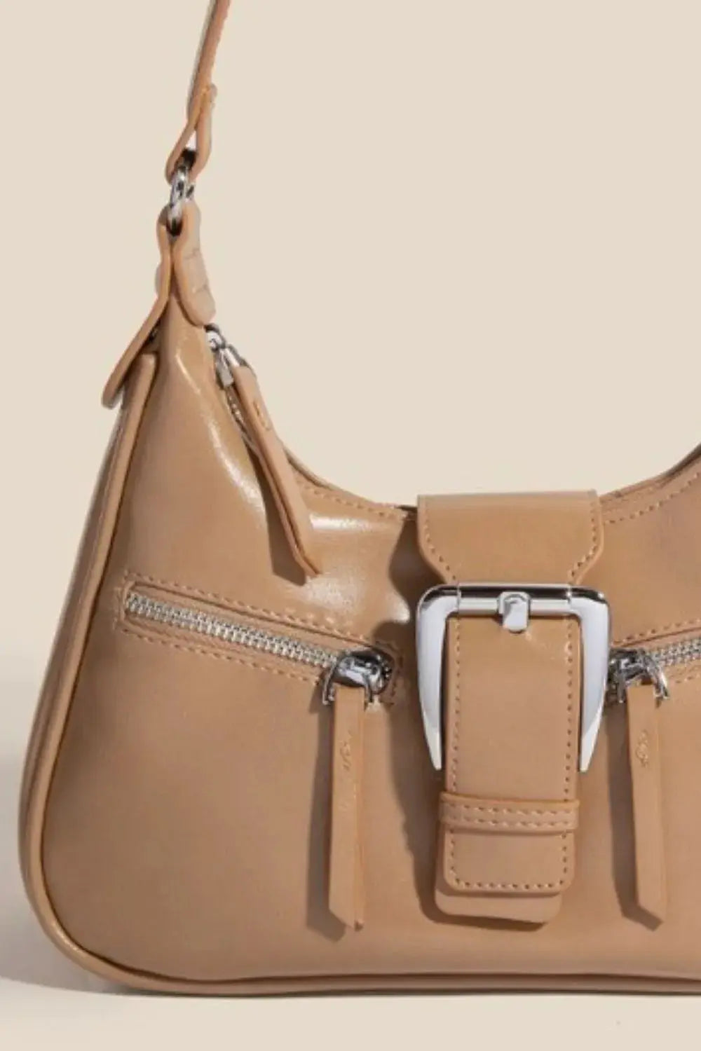 Fame Tan Large Buckle Triple Zipper Faux Leather Shoulder Handbag