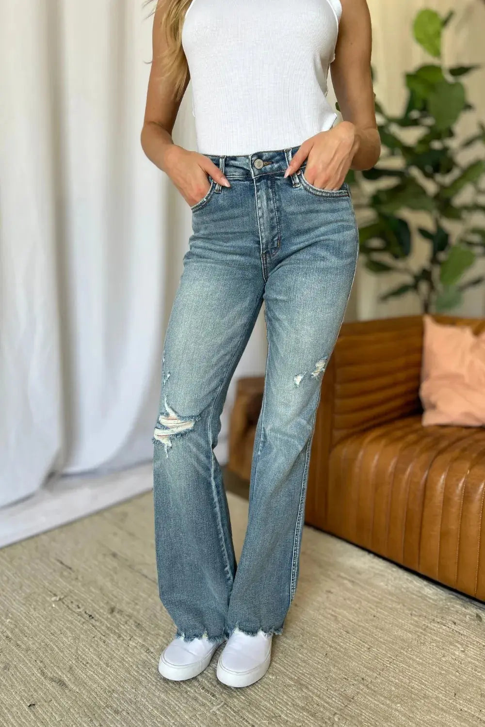 Plus Size Medium Rise Tummy Control Destroy Flare Judy Blue Jeans