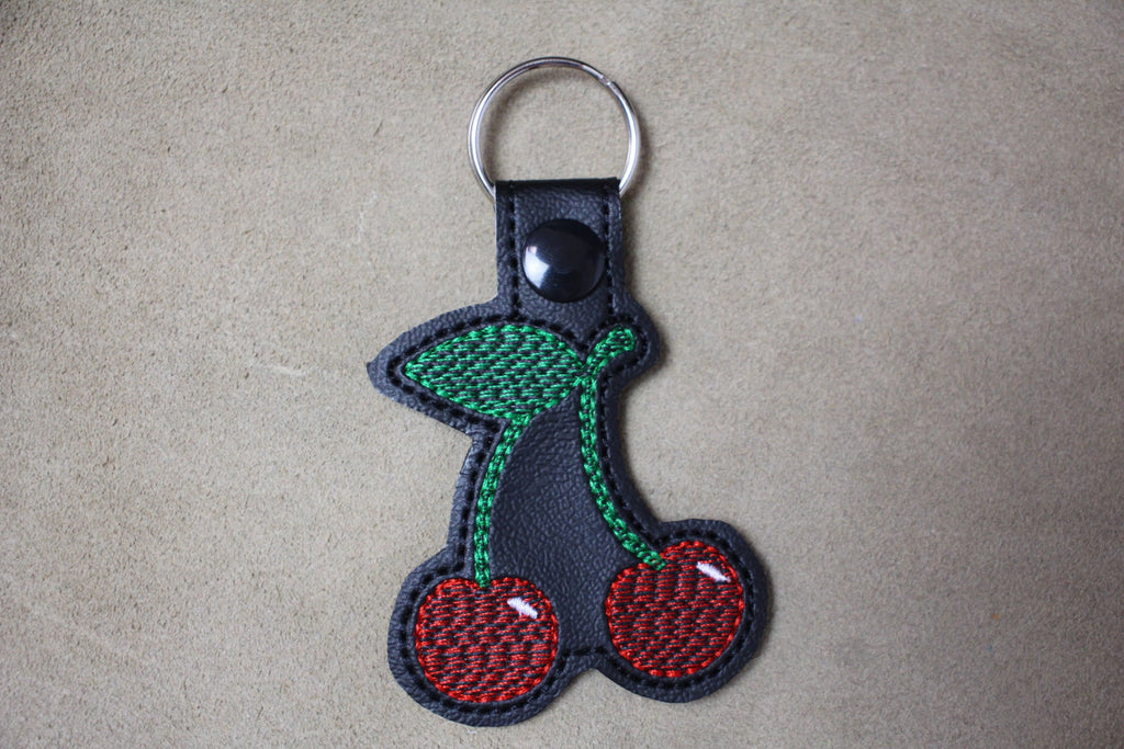 Cherry  Embroidered Faux Leather Keychain