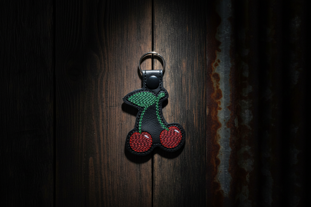 Cherry  Embroidered Faux Leather Keychain