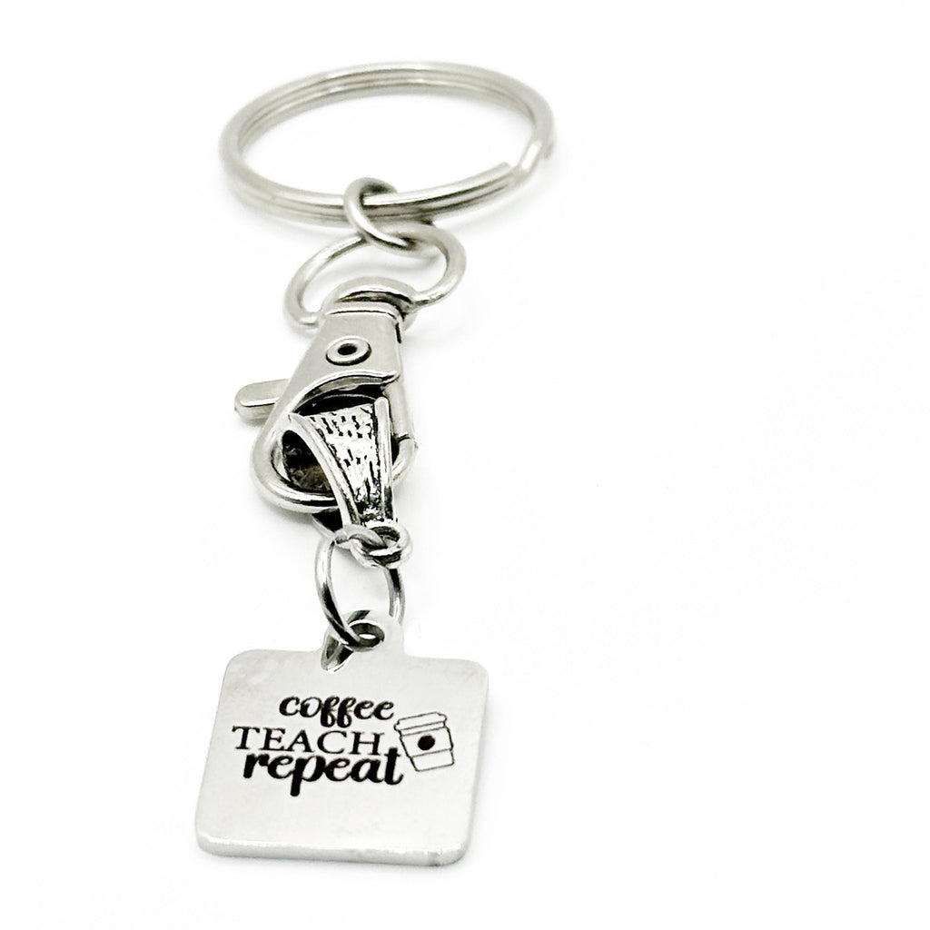 Coffee Teach Repeat Keychain Stainless Steel Engraved Teacher Appreciation Gift Coffee Lover Charm Square Pendant 19mm