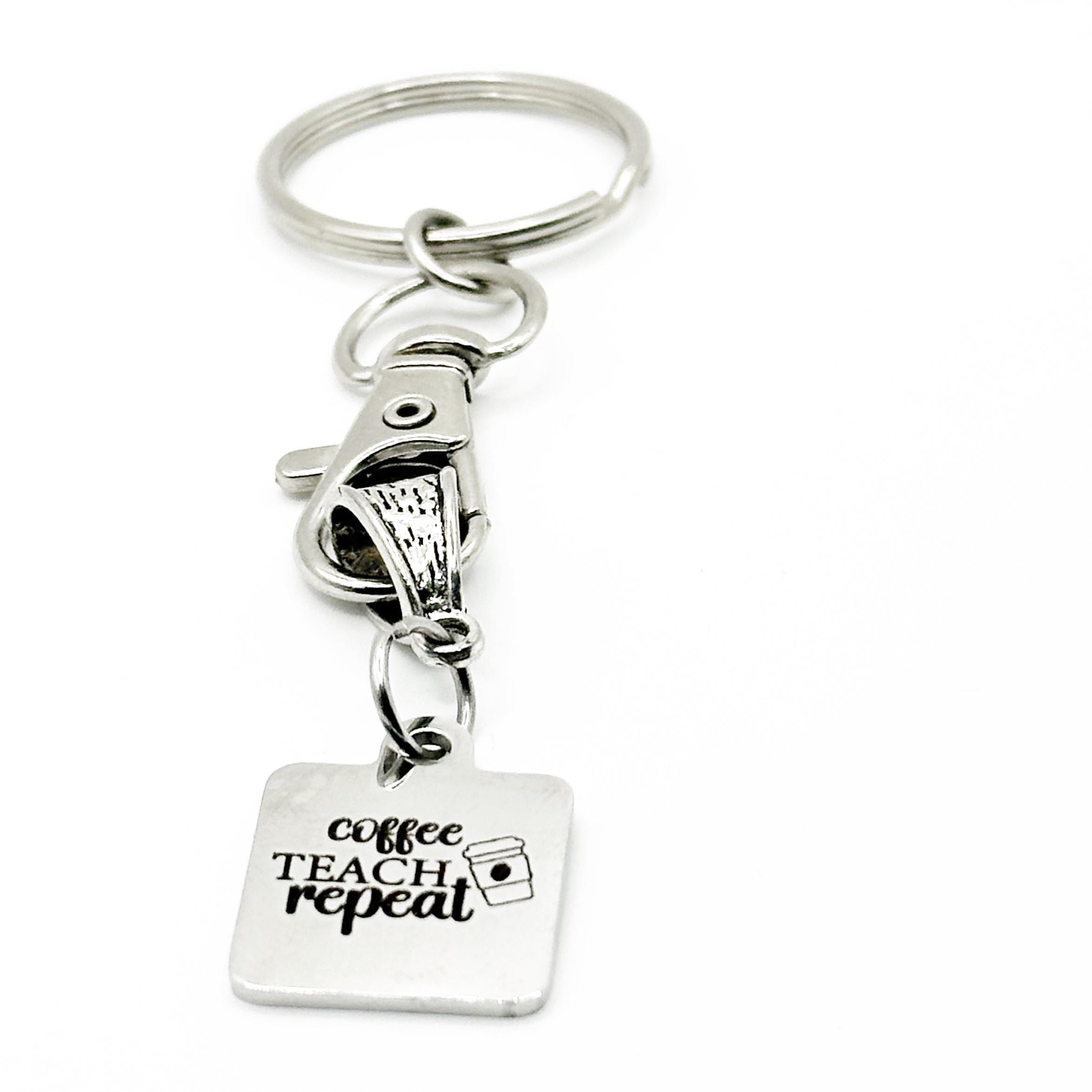 Coffee Teach Repeat Keychain Stainless Steel Engraved Teacher Appreciation Gift Coffee Lover Charm Square Pendant 19mm