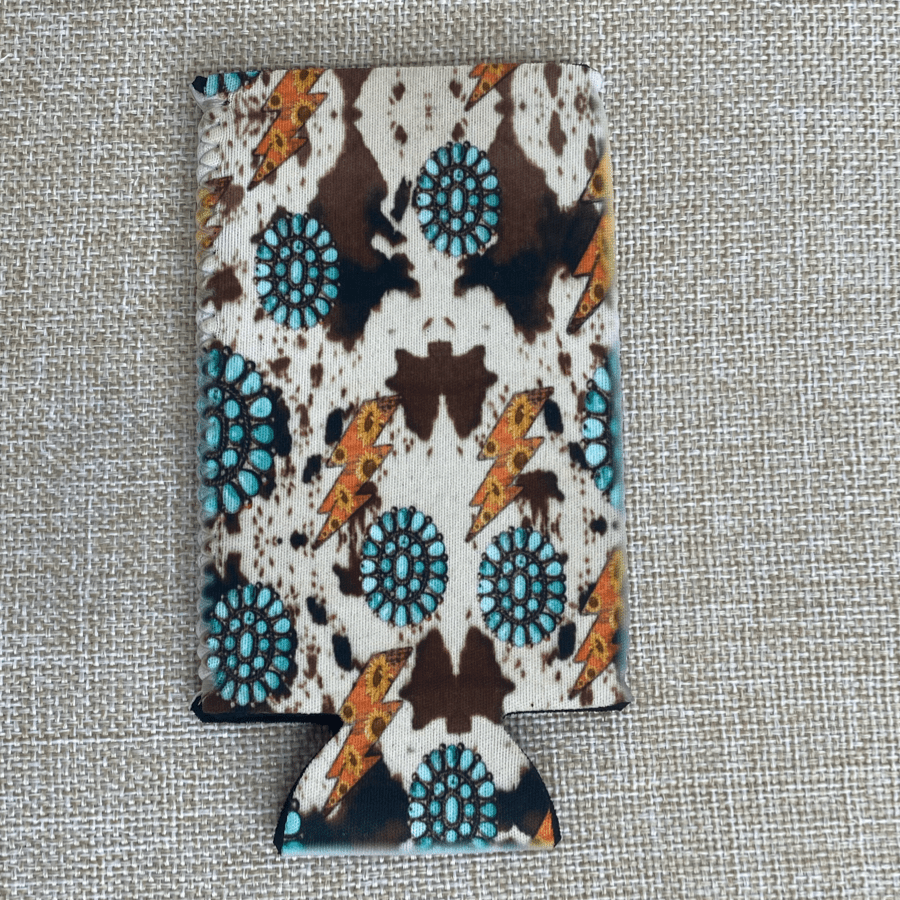 No Fringe Slim Cowprint Turquoise Stone & Bolts Koozie
