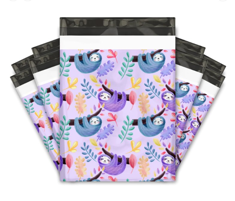 Sloth Purple Poly Mailers Size 10x13 Colorful Shipping Bags
