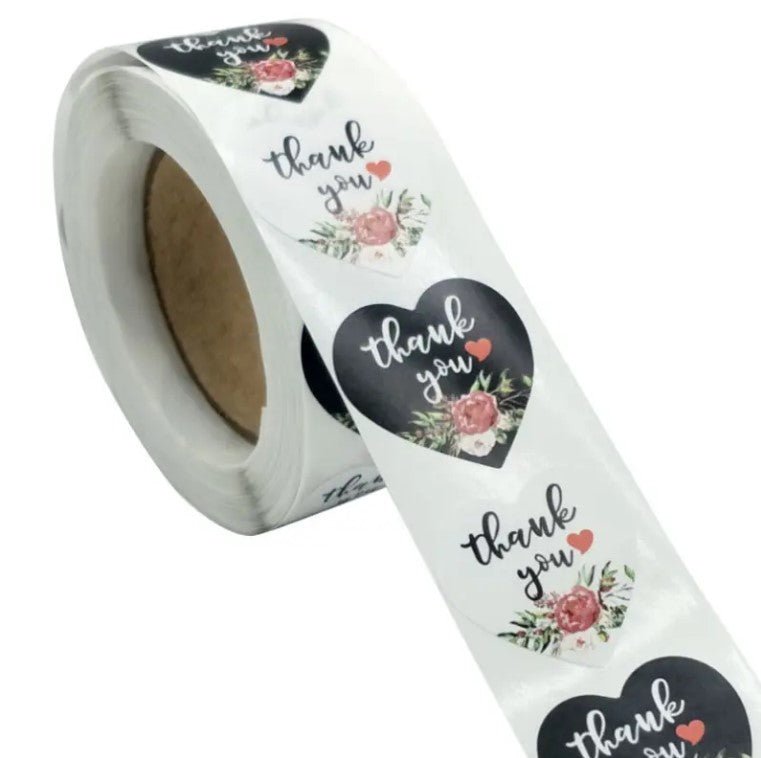 Thank You Stickers 1.5 inch 500 Count Per Roll Black Rose Flowers Heart Shaped Shipping Supplies