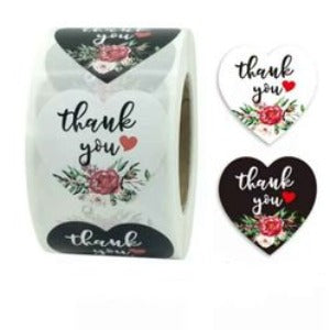 Thank You Stickers 1.5 inch 500 Count Per Roll Black Rose Flowers Heart Shaped Shipping Supplies