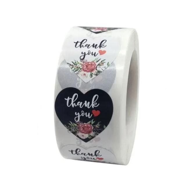 Thank You Stickers 1.5 inch 500 Count Per Roll Black Rose Flowers Heart Shaped Shipping Supplies