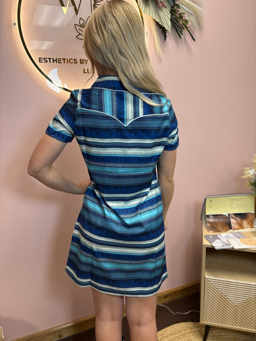 Western Blue Serape Printed Collared Dress W Pockets